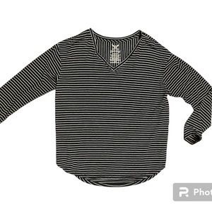 Faded Glory Womens Black And White Striped 3/4 Sleeve Top V Neck Size Large